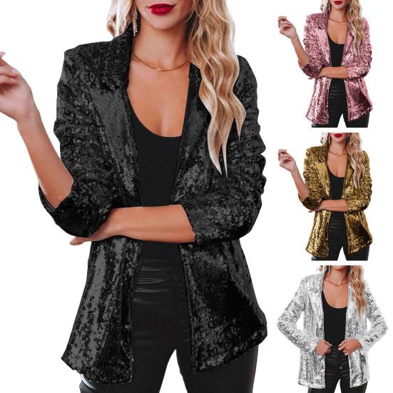 Женский пиджак с блестками и открытым передом, однотонный пиджак с открытым передом, повседневная верхняя одежда для уличных вечеринок