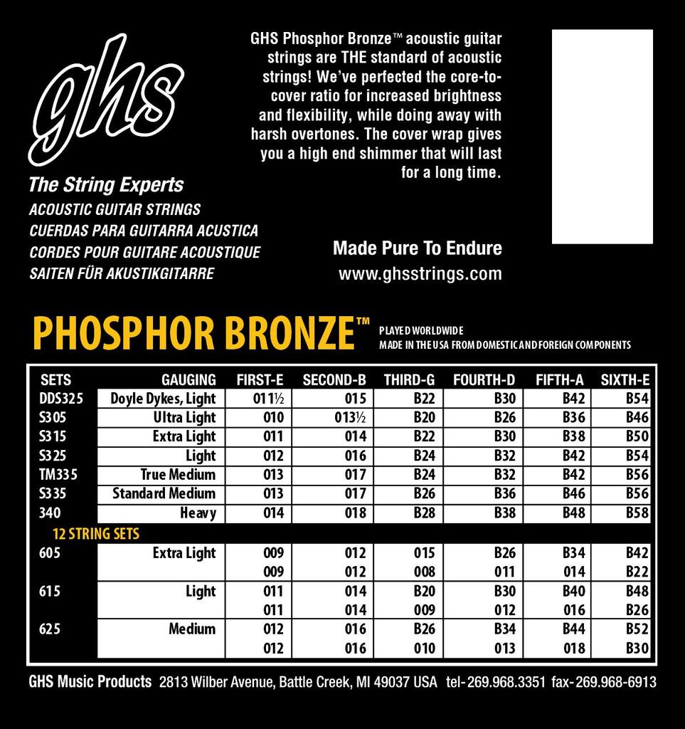 Струны для акустической гитары GHS Phosphor Bronze S325, Light, 12-54,