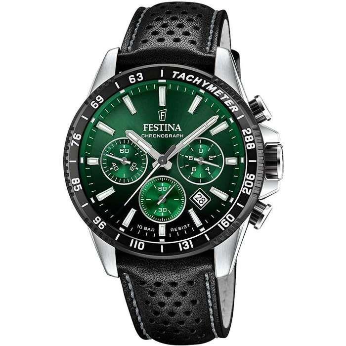 Montre - Festina - Chrono - Cadran vert - Bracelet cuir/tissu noir - 45 mm