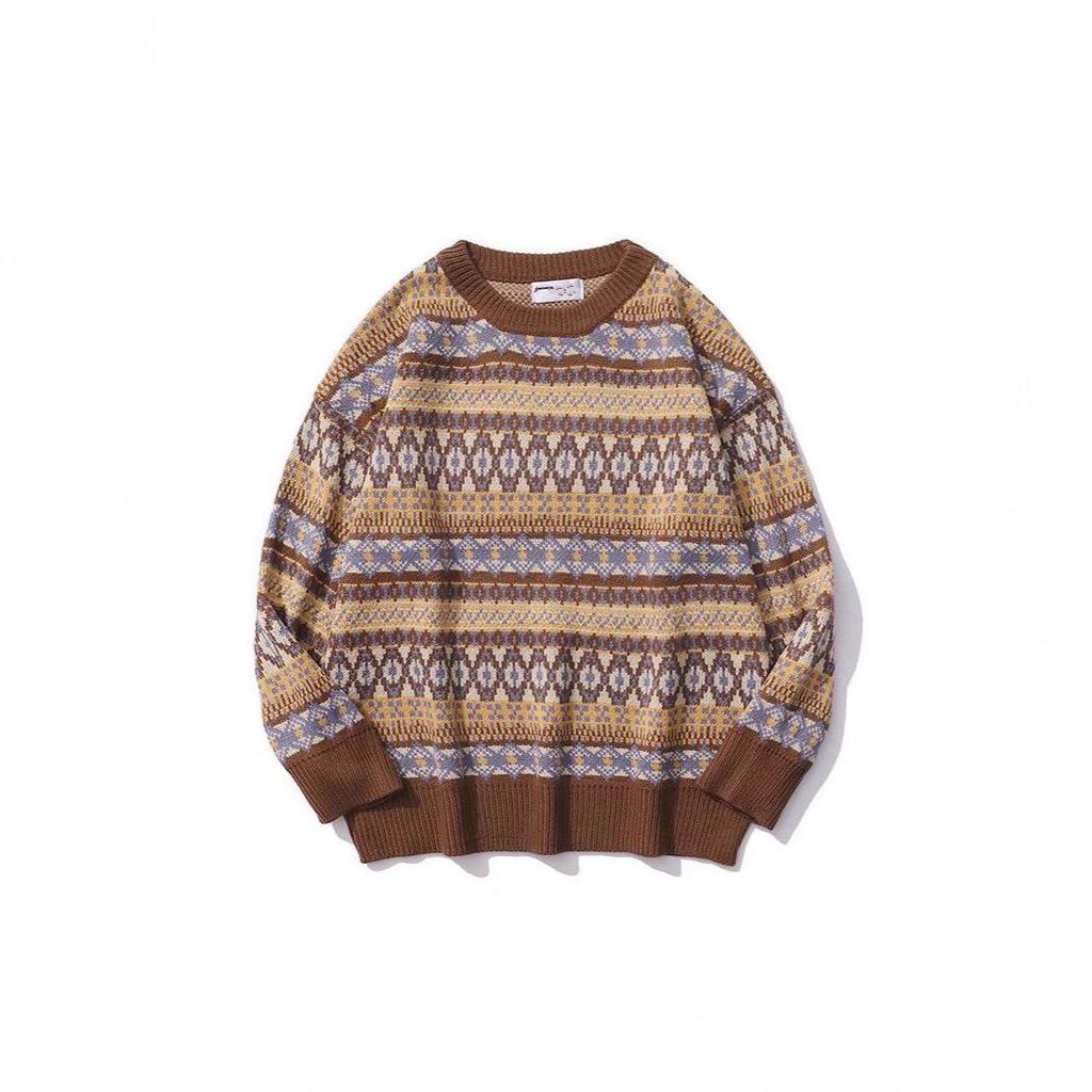 Men's Retro Japanese Winter Thick Color Block Round Neck Jacquard Sweater - Unisex, Loose Fit.