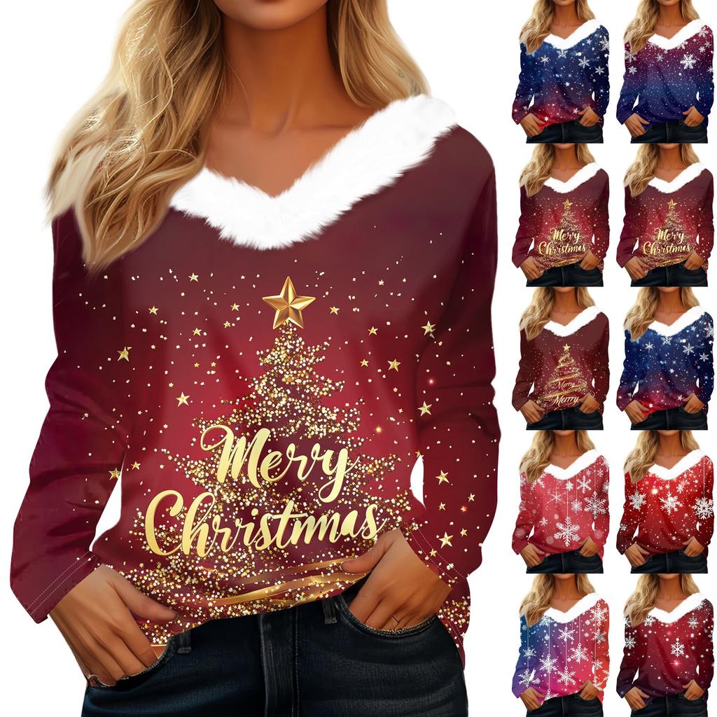 Женская мода с длинным рукавом, рождественский принт, плюшевый ворот, V-образный вырез, пуловер, топ