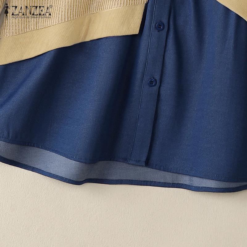 ZANZEA Женский повседневный пуловер с круглым вырезом и длинными рукавами, с лоскутным дизайном