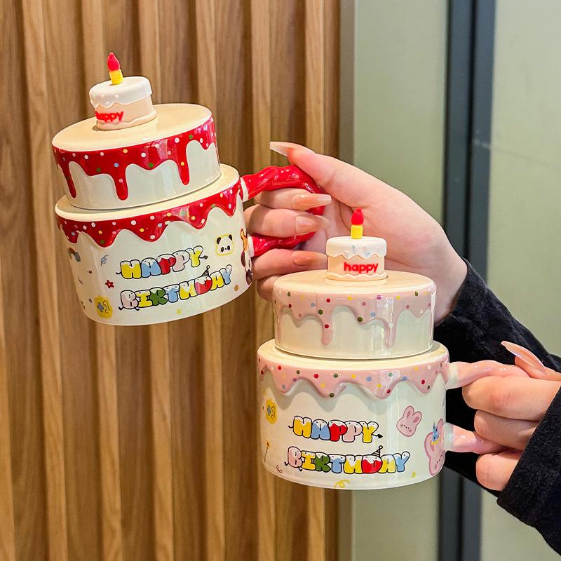 Super Cute Cake Mug with Lid Spoon Girls Ceramic Coffee Cup Birthday Gift Souvenir Handmade Gift Box