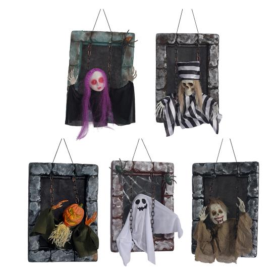 Animated Halloween Decoration Hanging Skull/Ghost/Pumpkin Man Prisoner with Light-up Eyes And Spooky Sounds for Home Porch Party Haunted House Decor