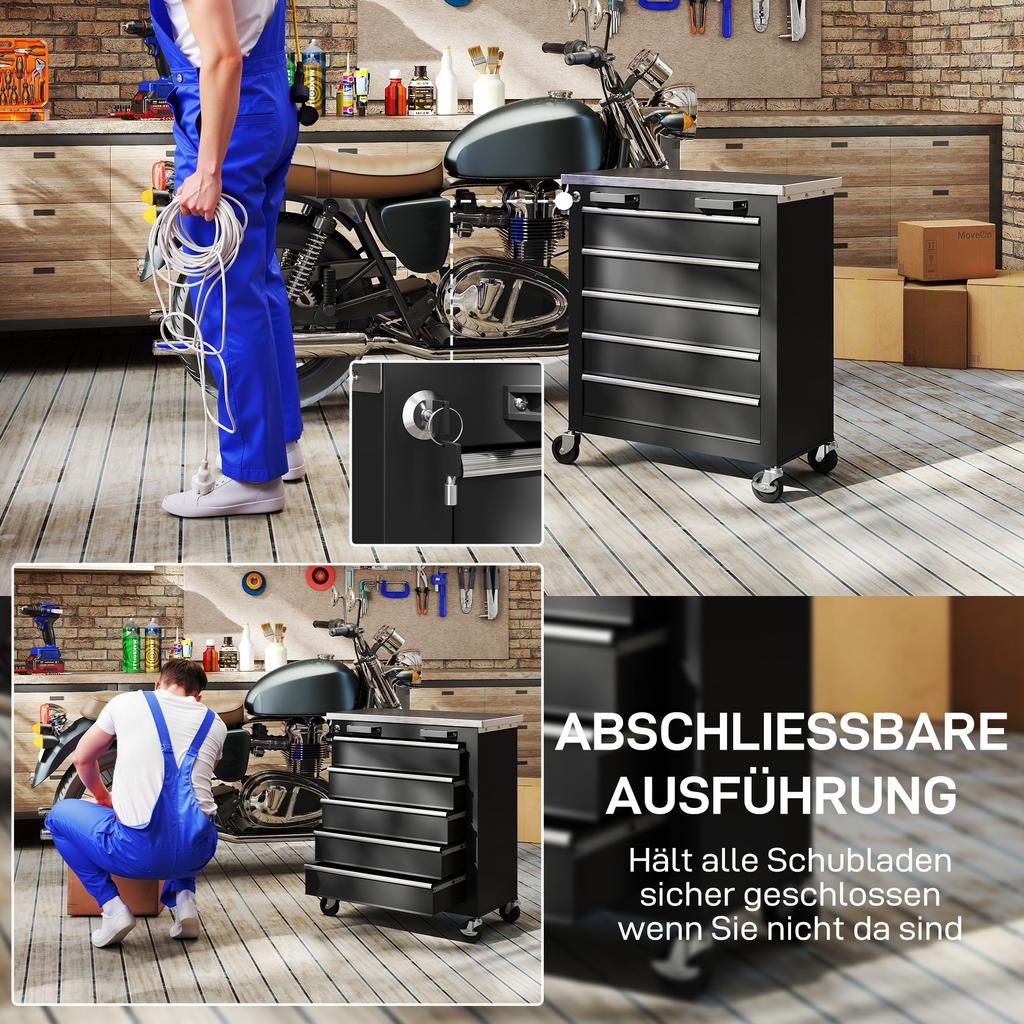 Rolling Steel Tool Cabinet Toolbox with 5 Drawers, Silver and Black