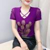 Summer New Fashion Korean Clothes Women's T-shirt Luxury Flower Hot Diamonds Tees Sexy Streetwear Girls Slim Short Sleeve Tops
