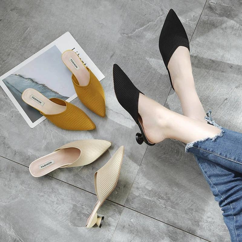 Тапочки на среднем каблуке с острым носком, женская летняя обувь, пикантные сандалии, вязаные эластичные сетчатые шлепанцы с открытой пяткой, дышащие шлепанцы, обувь на мелком каблуке