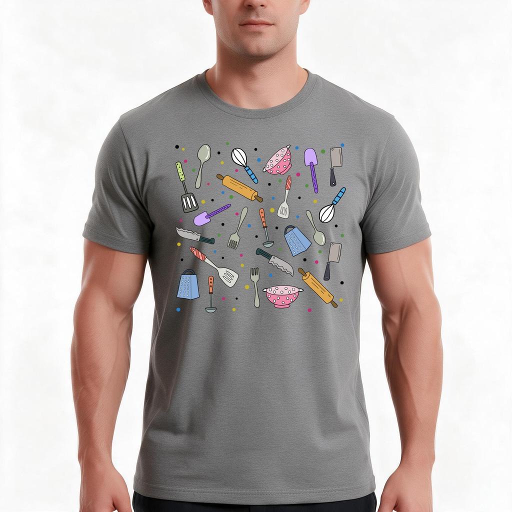 Ready To Cook Cute Colourful Kitchen Utensils Hand Drawing Pattern Tshirt Summer Casual Cotton Tee Oversized Streetwear Tops