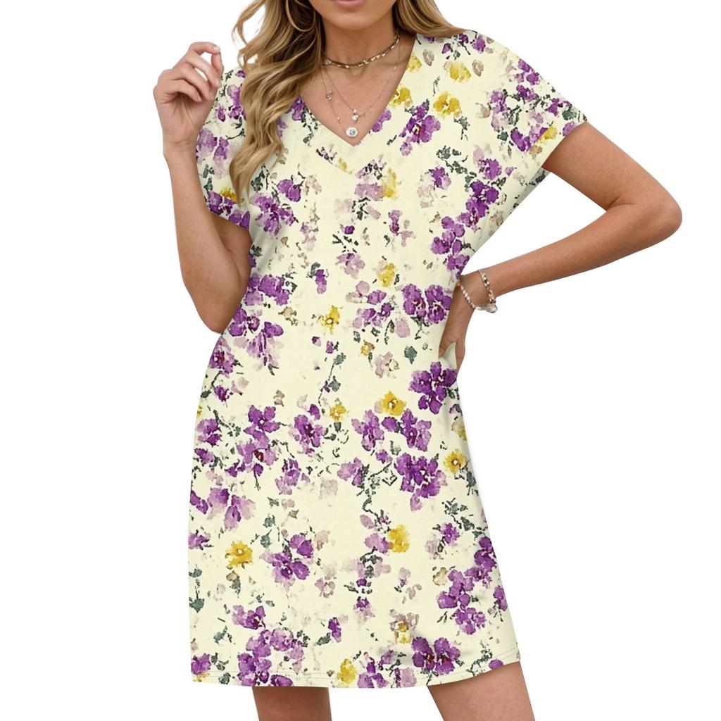 Женское повседневное модное сексуальное платье с V-образным вырезом и рукавами-крылышками с цветочным принтом