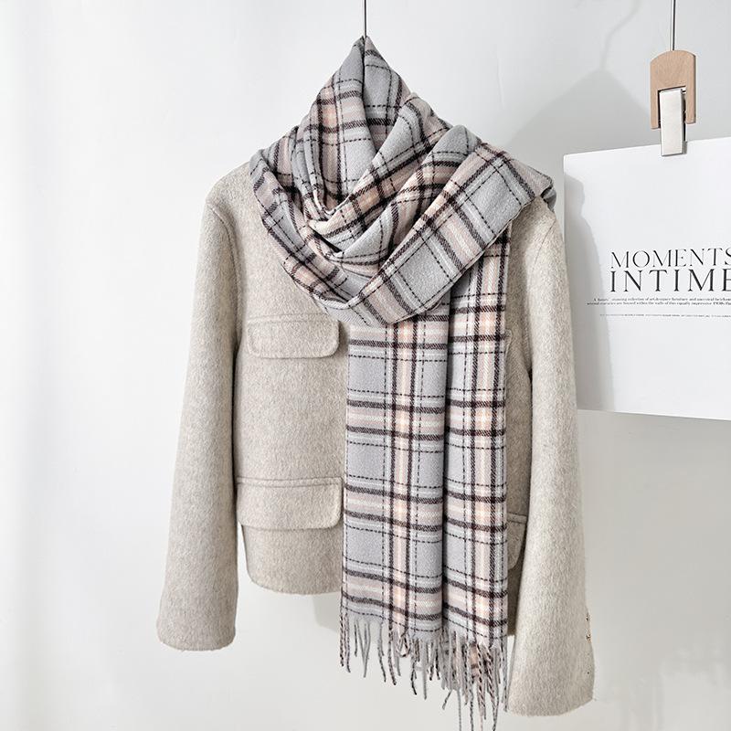 Lazy wind small fresh fashion autumn and winter fringed plaid warm scarf simple temperament imitation cashmere shawl