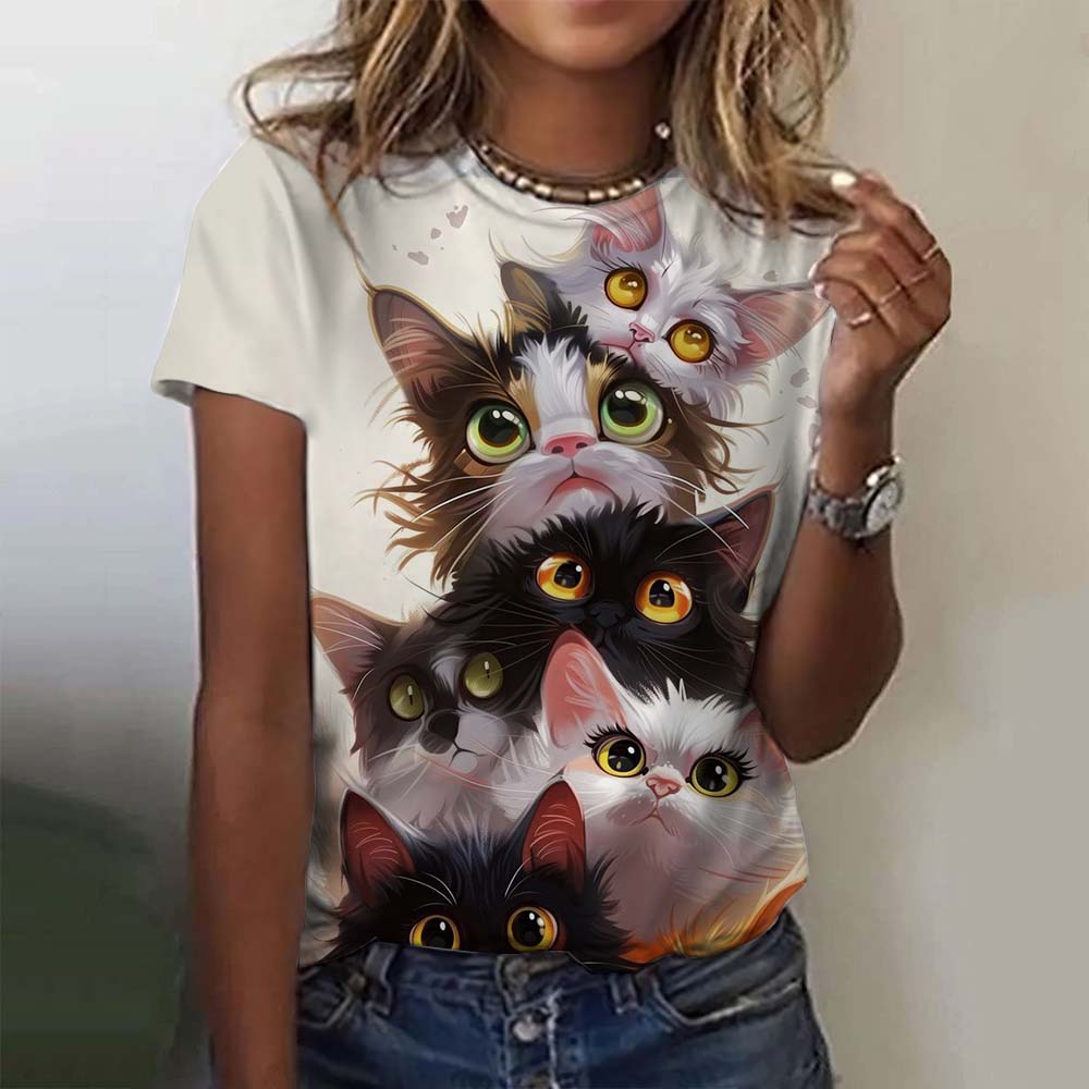 Футболки для женщин и девочек, топы с милым 3D-принтом с изображением кота, модная повседневная одежда с коротким рукавом для женщин, футболки больших размеров