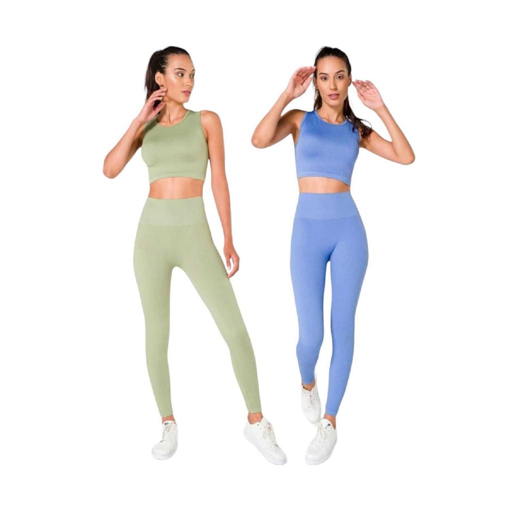 Women's Athlete Fitness Yoga Plates High Waist Tights-crop Ribbed Set 2 Pieces