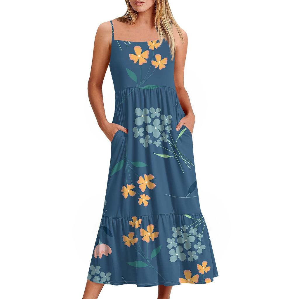 Women's Long Beach Casual Elegant Spaghetti Strap Maxi Dress Floral Low-key Flowing Bohemian Dress