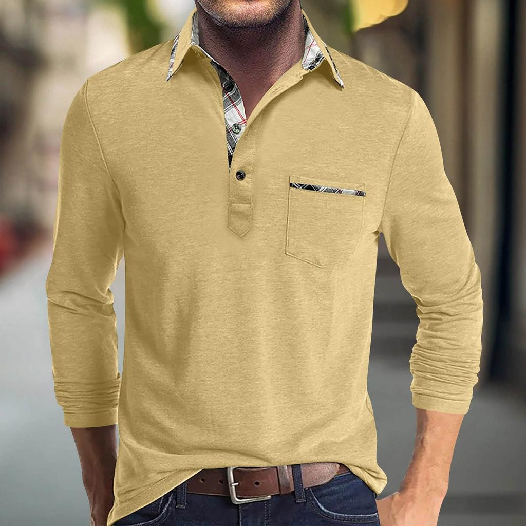 Мужская весенне-осенняя однотонная футболка с лацканами, 3 пуговицы, открытая планка и пуговицы, топ с длинными рукавами