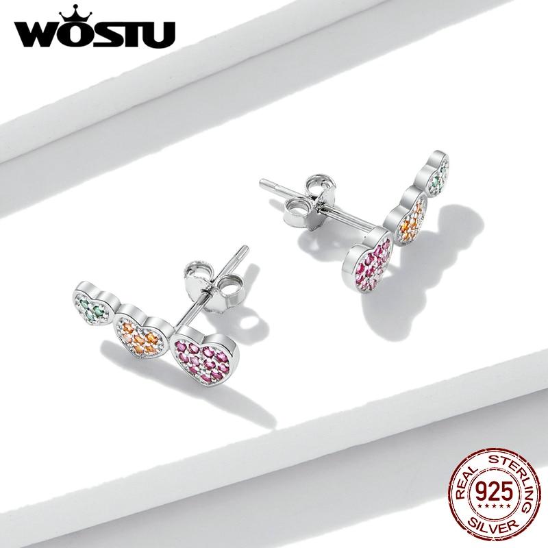 WOSTU Серьги-гвоздики из стерлингового серебра 925 пробы, разноцветные, зеленые, оранжевые, розовые, с цирконом в форме сердца для женщин, модные вечерние ювелирные изделия, подарок