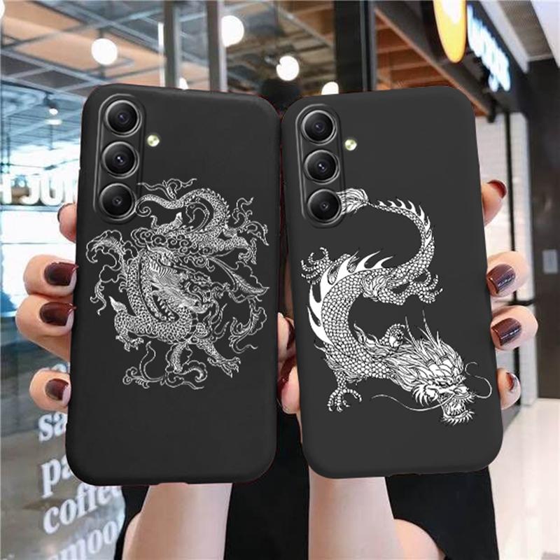 Мягкий силиконовый черный чехол с рисунком Line Chinese Loong для Xiaomi Redmi Note 13 Pro Samsung A55 A35 M35 S24 iPhone Camera Защитный противоударный чехол