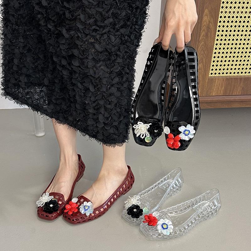 Transparent Crystal Jelly Sandals Hollow Out Slippers Korean Style Flat Shoes Women's Square Toe Shallow Slip On Ballet Loafers