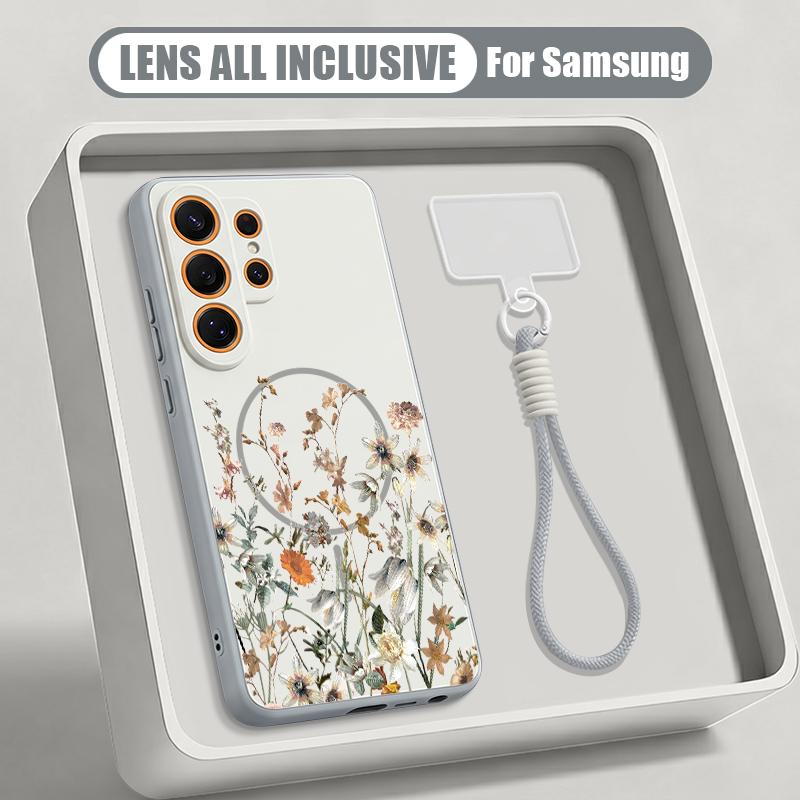 Чехол с узором из белых цветов для Samsung S26 Ultra S25 FE S24 S24 Plus A57 A37 A17 A56 A36 A16 A55 A35 A15 A54 5G Гибридный Магнитный Матовый Чехол