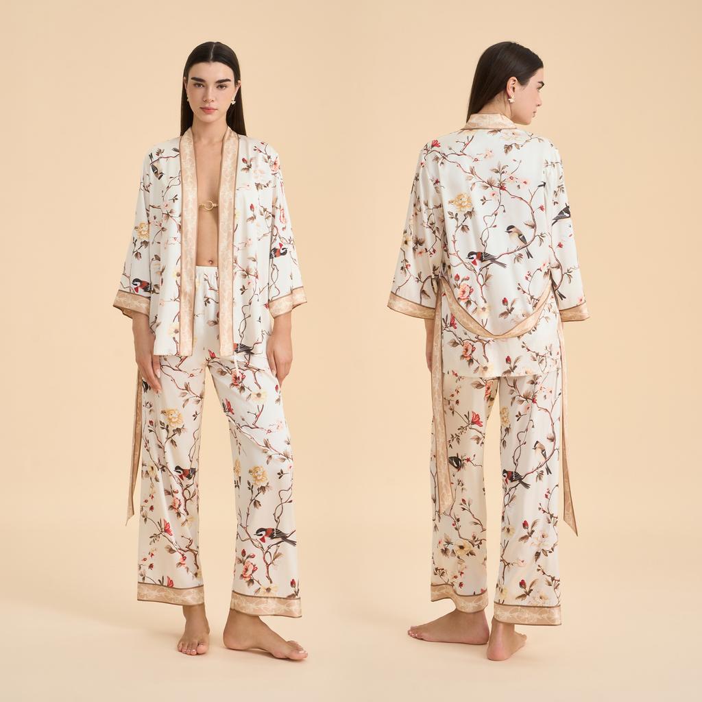 New high-end long-sleeved cardigan pajamas women's spring and autumn flower printing satin chiffon loungewear set TZ1000