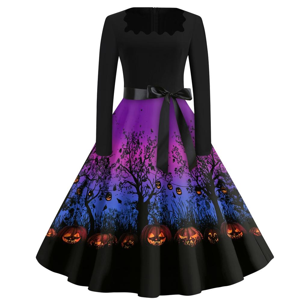 Women's Casual Vintage Halloween Print Dress Square Neck Long Sleeve Fit Flare Midi Dress with Waist Tie for Seasonal Occasion