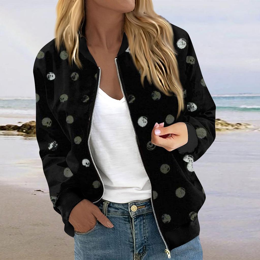 Куртки для женщин, легкие укороченные куртки с длинным рукавом на молнии, модная верхняя одежда с принтом, повседневные стеганые куртки с карманами