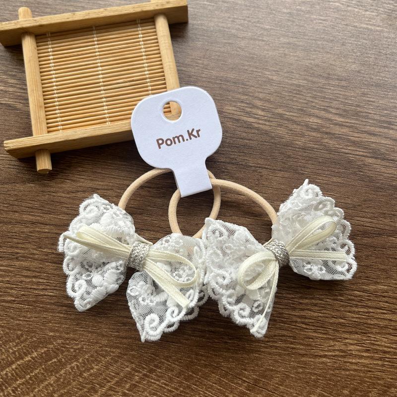 2 шт./набор Бежевый цвет Милые кружевные бантики Резинки для волос для девочек Модные эластичные Универсальные Детские резинки для хвостиков с цветочной кружевной отделкой