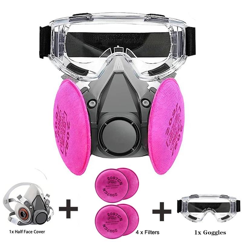 Reusable 6200 Respirator Gas Mask Half Face with 2097 Filter Goggles Sets for Epoxy Dust Paint Organic Vapor Welding Grinding