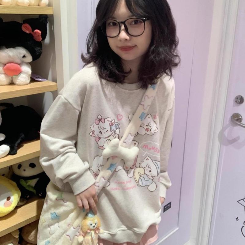 2KWEIRD Y2k Харадзюку Каваи Толстовка Женская Японская Мода Милая Повседневная С Принтом Кошки Мягкая Девушка Свободный Свитшот Преппи Стиль