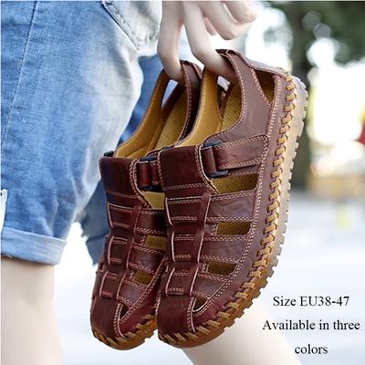 Летние мужские сандалии из воловьей кожи, повседневная мужская обувь большого размера, сшитая вручную, дышащая уличная пляжная обувь с открытыми отверстиями