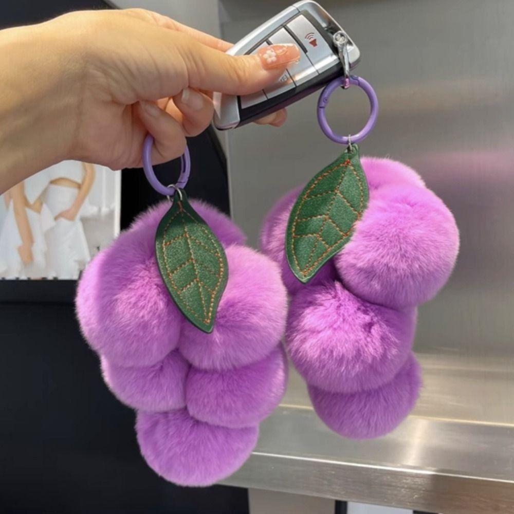 2Pcs Soft Plush Furry Grape Key Chain Charm Decor Rex Rabbit Fur Fruit Keychain Pendant Car Keychain Cute Pompoms Keyring Purse