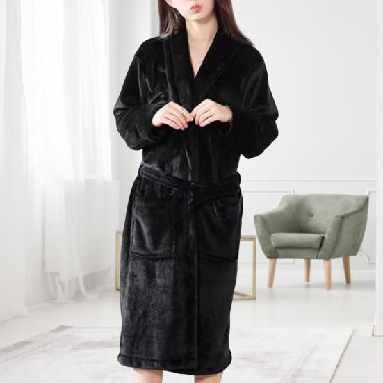 Men Women Plush Fleece Bath Robe Knee-Length Lapel Tie Design Water Absorbent Winter Loungewear Daily Wear Sleepwear