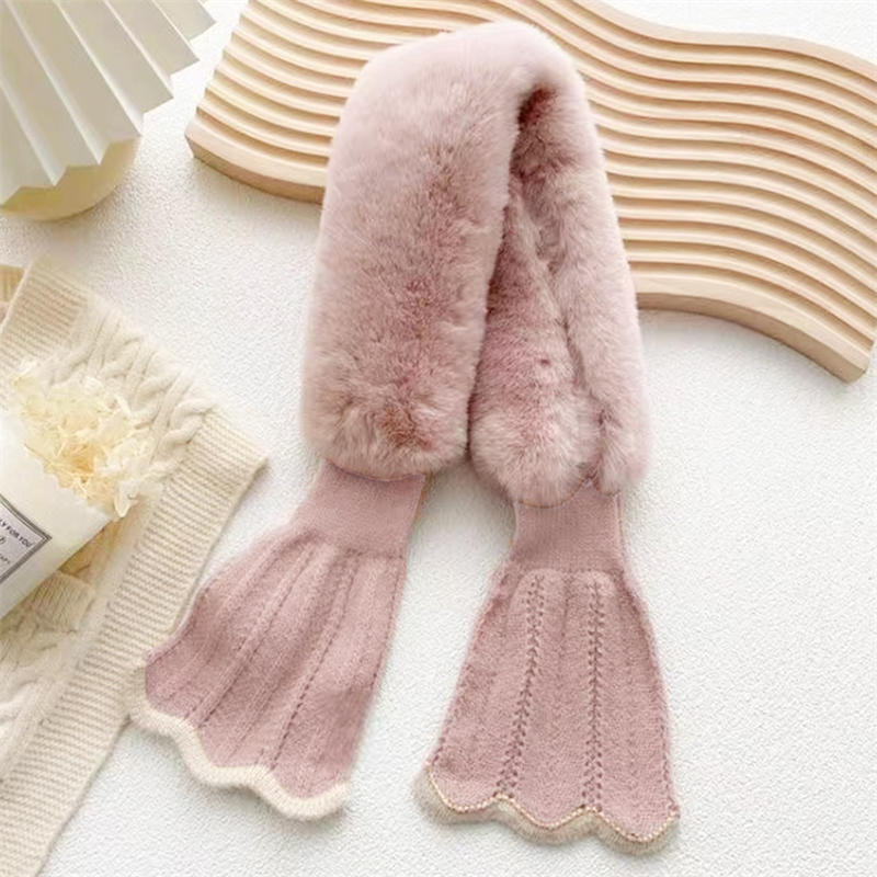 Winter Plush Scarf Woman Thick Fish Tail Wool Knit Cross Fur Collar Outdoor Cycling Neck Protect Cervical Spine Warm Scarve