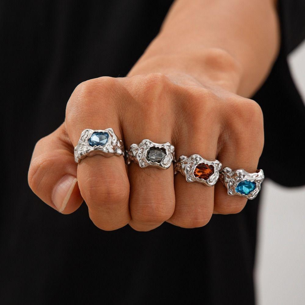 4Pcs Gold Silver Colored Gemstone Rings Irregular Exaggerate Rings Rhinestone Open Ring  Women
