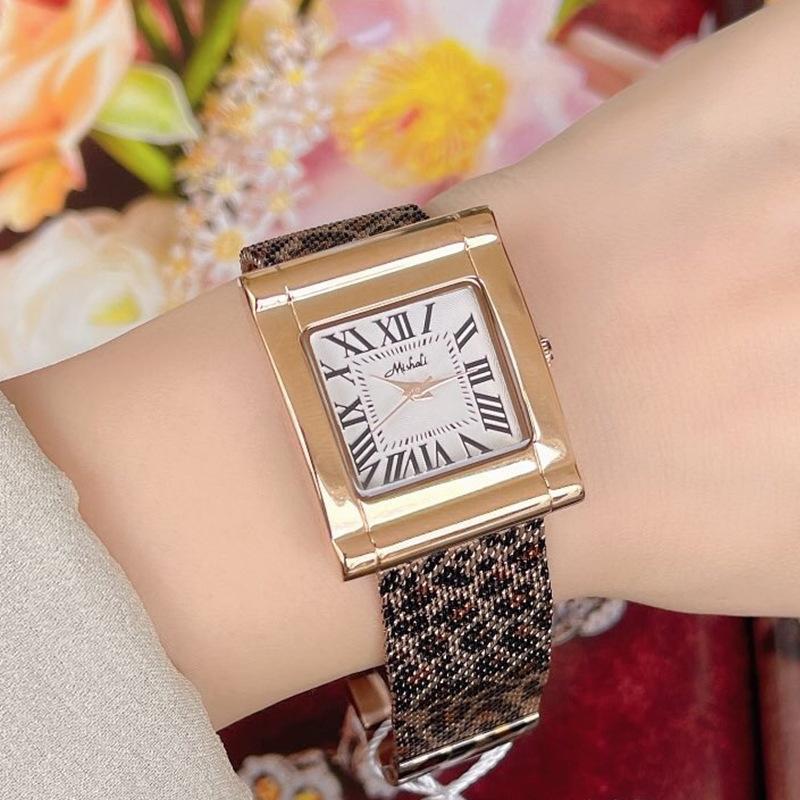 Trendy Fashion Steel Belt Leopard Print Mesh Belt Square Watch Women'S Watch European Station Style Personality