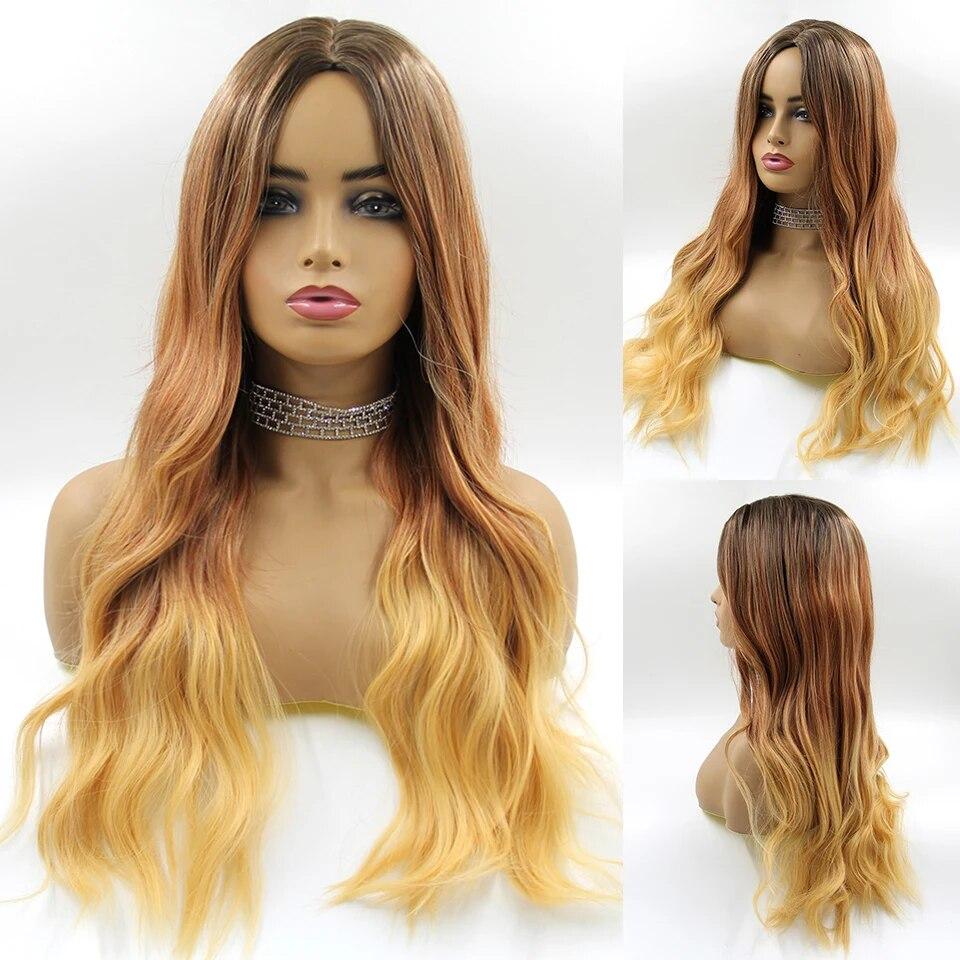 Длинные коричневые синтетические парики с эффектом омбре для женщин, волнистые парики из натуральных волос, средняя часть, женский парик, косплей, термостойкие волокна, парики