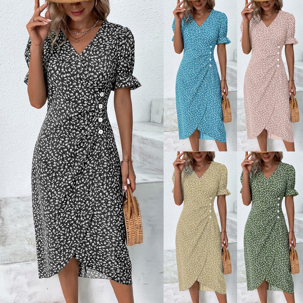 Women's Summer Casual Dress V Neck A-line Boho Ditsy Floral Flounce Sleeve Wrap Hem Dress