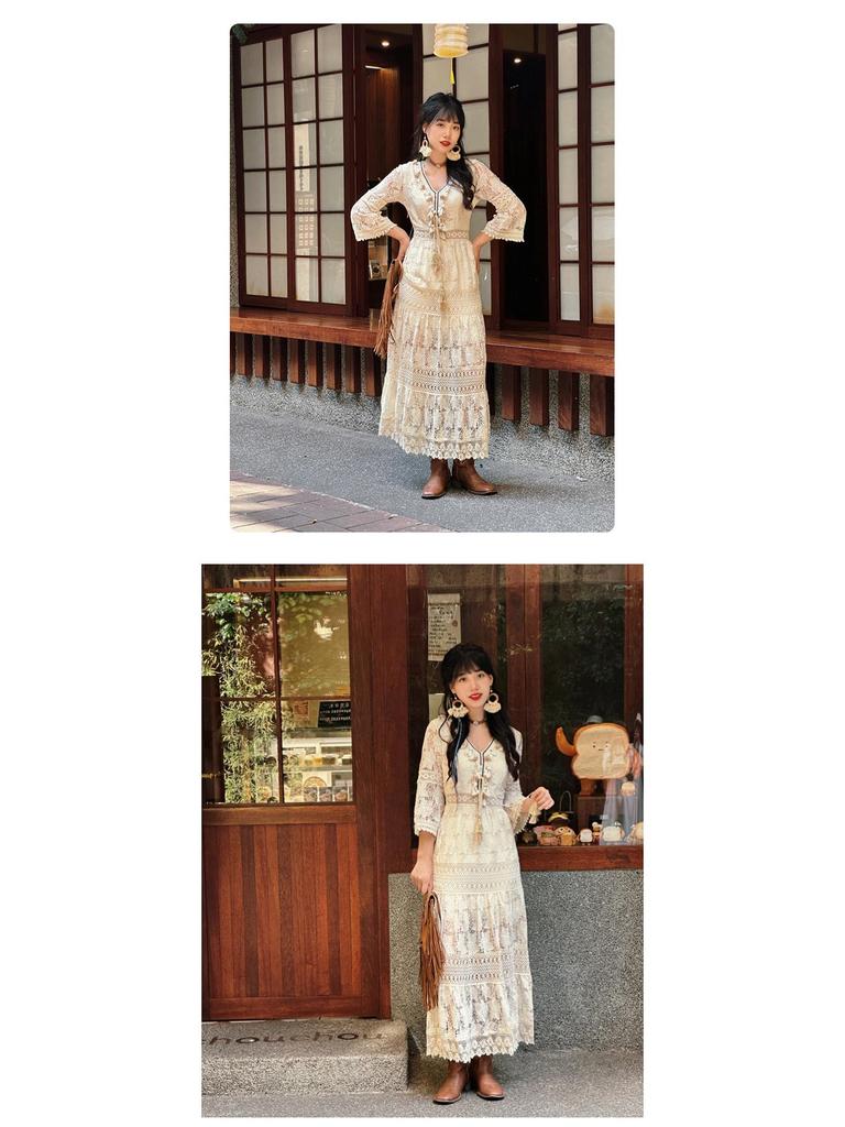 2024 Богемное платье с кисточками и кружевом, с высокой талией, абрикосового цвета - Стройнящий отпускной стиль