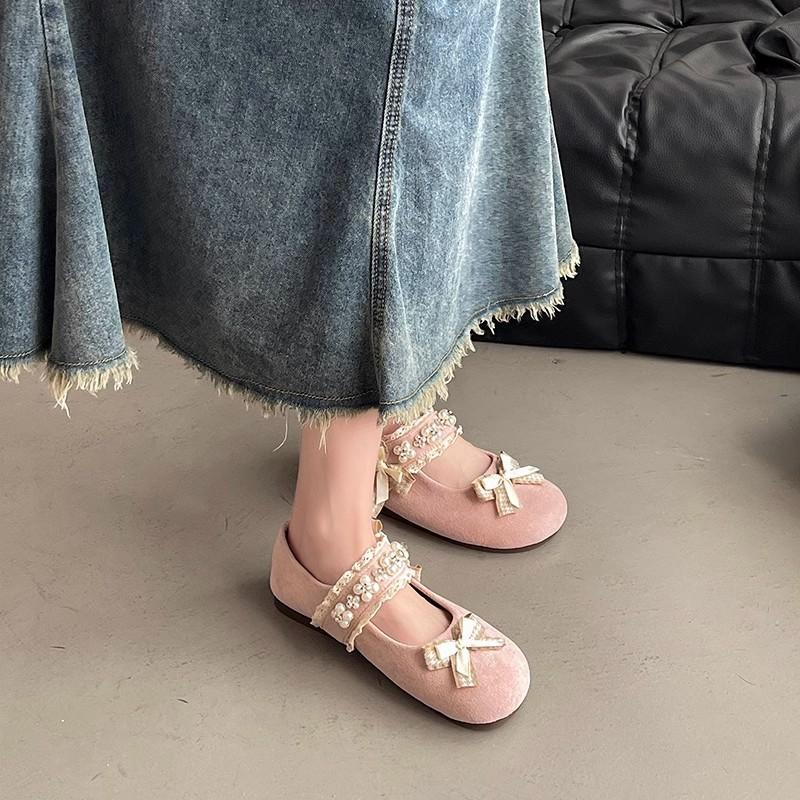Inner Height Increase French Flat-bottomed Lace Bow Mary Jane Shoes Spring and Summer New Skirt Women's Casual Shoes
