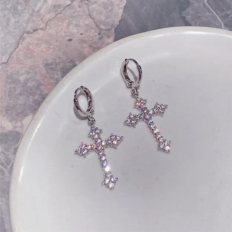 Y2K Gothic Rhinestone Cross Earrings Kpop Shiny Zircon Cross Drop Earring For Women Grunge Egirl Earrings Jewelry Accessories