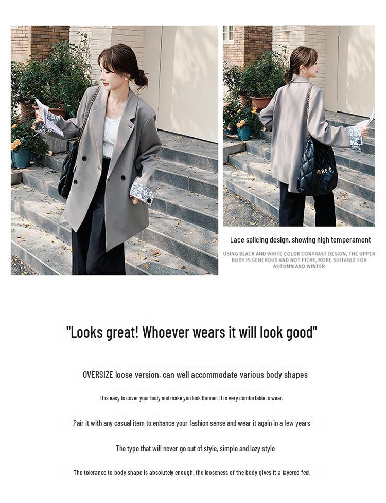 2025 Весна Корейский Стиль Миниатюрный Женский Кружевной Строчка Свободный Пиджак