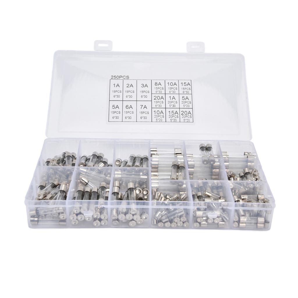 250 шт. стеклянных предохранителей в коробке, автомобильный набор для быстрого перегорания трубок, 15 видов спецификаций 1‑20 А