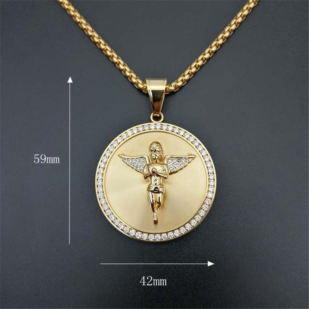 Hip Hop Angel Wings Pendant Necklace for Women Men Round Necklace Bling Jewelry