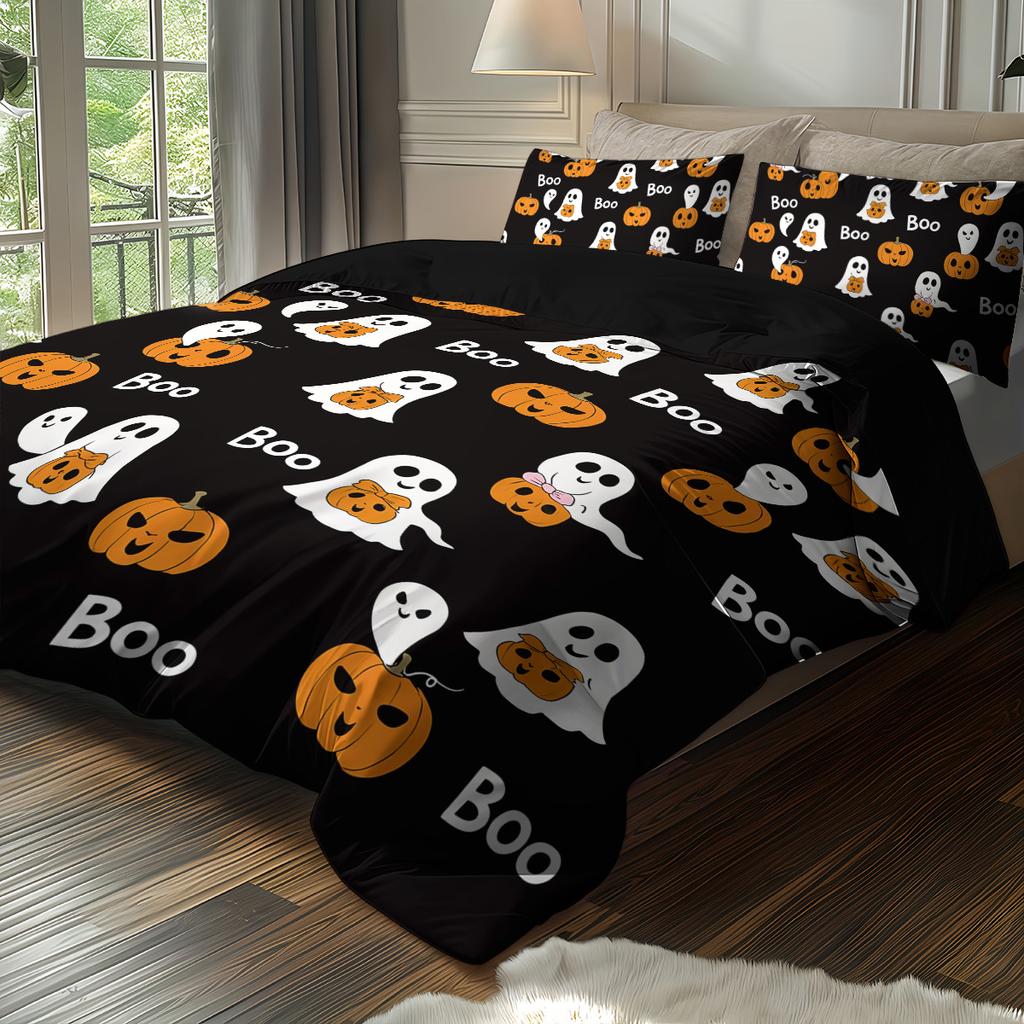 3-piece Halloween themed black cute ghost pattern duvet cover set 1 duvet cover+2 pillowcases coreless