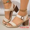 Fashion Bohemia Ethnic Weave Straps Sandals Women Square Toe High Heels Sandals Women 2025 Summer Casual Beach Ankle Strap Shoes