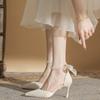 Pointed Single Shoes Women's Spring 2025 New One-word with Pearl Bow Fairy Style White High Heels Stiletto