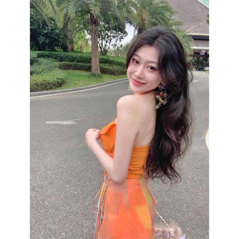 Женский летний комплект с глубоким вырезом без рукавов и длинной юбкой тай-дай