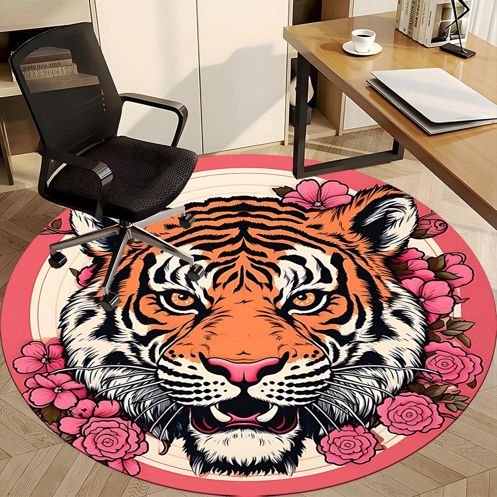 1pc Tiger Flowers Office Round Area Rug, Indoor Mat Suitable For Office, Under Office Chairs Bedroom Living Room Home Decor, Room Deco