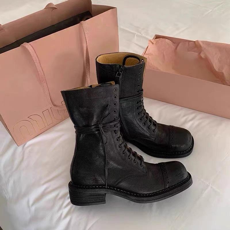 Cowhide Miumiu Genuine Leather Martin Boots Women's Autumn and Winter Maillard Western Boots Thick Heel Medium Tube Retro Short Boots