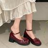 Fashion Comemore Red Mary Jane Women Pumps Thick High Heels Shoes Female Lolita Square Toe Shoes Spring Fashion Party Leather Woman Shoe