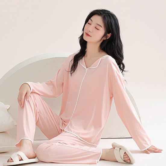 2 Pcs/Set Women Pajamas Suit with Chest Pads Long Sleeves Loose Solid